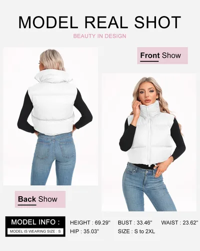 Vista 4 de ANGGREK Chaleco corto de invierno con cuello alto para mujer, ligero, sin mangas, cálido, con cremallera, chaleco acolchado