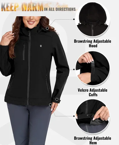Vista 5 de Little Donkey Andy - Chaqueta Softshell para mujer, de esquí y snowboard con capucha extraíble, forro polar Mejora negro