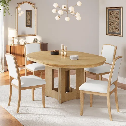 Vista 35 de VilroCaz Juego de comedor funcional retro de 5 piezas, mesa de comedor extensible de madera maciza con una hoja de 16 pulgadas y 4 sillas tapizadas