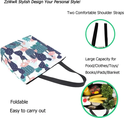 Vista 2 de ZzWwR Elegante bolso de hombro extra grande con patrón lindo para playa, viajes, fin de semana, gimnasio, compras de comestibles, Cactus