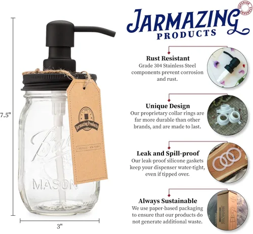 Vista 2 de Jarmazing Products Mason dispensador de jabón, diseño de frasco - Negro - Con frasco de 16 onzas - Hecho de acero inoxidable antioxidante