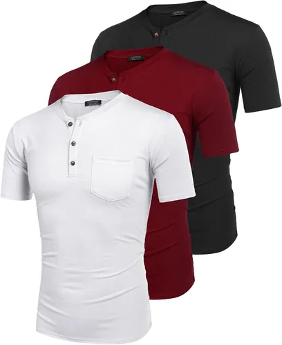 Vista 4 de COOFANDY Paquete de 3 camisetas Henley de manga corta para hombre, estilo casual, básicas, de verano, con bolsillo