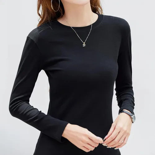 Vista 3 de Camisetas de algodón de manga larga para mujer, ajustadas, cuello redondo, camisetas básicas en capas, ajustadas