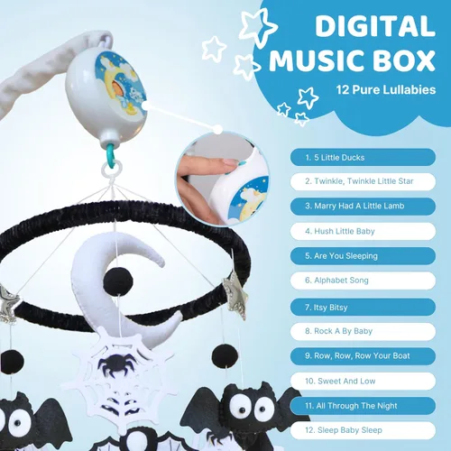 Vista 3 de Móvil de cuna blanco y negro con música, móvil gótico de Halloween de alto