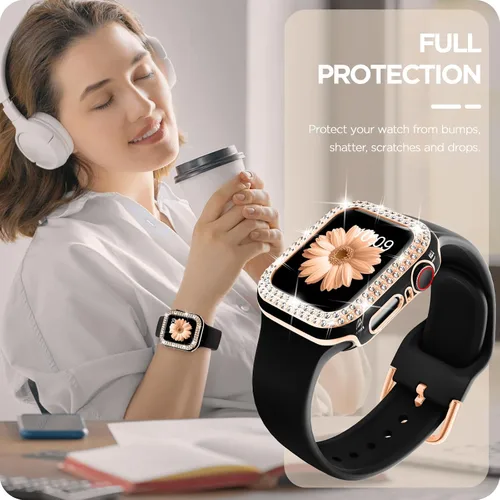 Vista 6 de DABAOZA Compatible con Apple Watch de 1.496 pulgadas con funda de parachoques con purpurina, correa ajustable de silicona negra, suave y cómoda