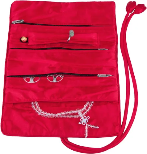 Vista 4 de TUMBEELLUWA Bolsa de joyería de viaje bordada rollo de flores bordadas y pájaros organizador de brocado con lazo cerrado, rojo
