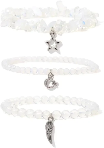 Vista 21 de Juego de 3 pulseras de cuentas de piedra natural para mujeres y hombres, estrellas y luna, alas de ángel, juego de pulseras curativas de reiki