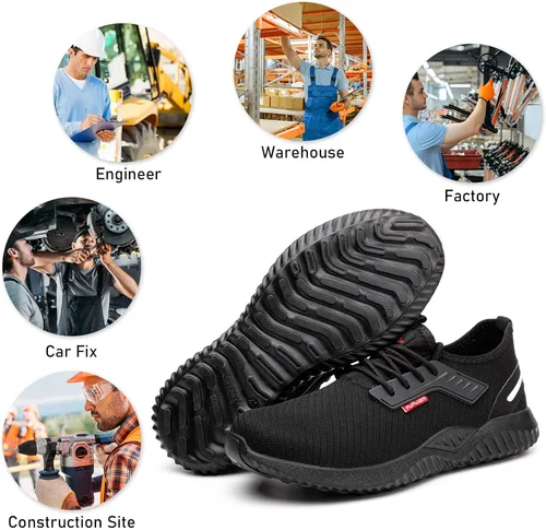 Vista 7 de Zapatos de punta de acero para hombre, ligeros, indestructibles, zapatos de trabajo para mujer, a prueba de pinchazos, cómodos zapatos de seguridad