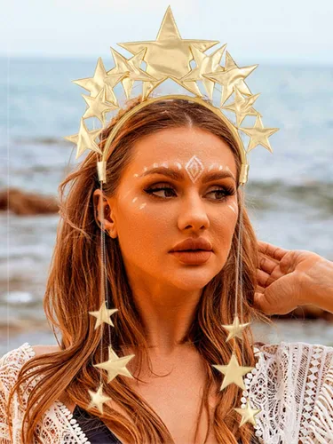 Vista 7 de Yean Diadema de estrella gigante, diadema dorada con halo de diosa, diadema de estrella para festival, tocado hecho a mano para mujeres y niñas