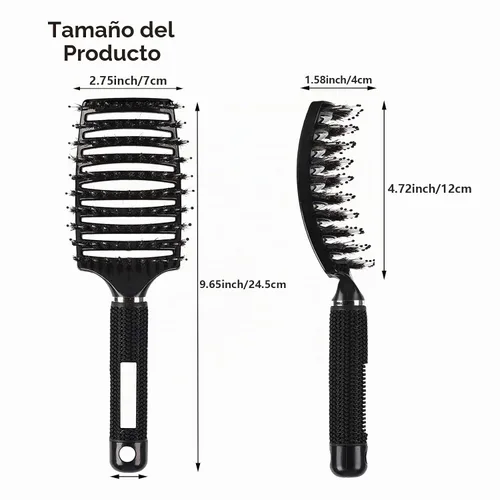 Vista 2 de 2 cepillos curvos ventilados para el cabello, cerdas de jabalí, cepillo desenredante de pala, cepillo profesional desenredante para Dorado+Negro