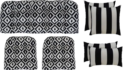 Vista 27 de RSH DECOR Juego de 7 piezas de mimbre copetudo para interiores y exteriores, sofá biplaza, cojines cuadrados y lumbares, hecho de telas aztecas