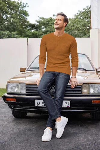 Vista 2 de COOFANDY Camisas Henley de manga larga para hombre con bolsillo