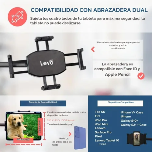 Vista 6 de Levo G2 Soporte Premium para Tablet en el Piso con Brazo Ajustable de 5 Ejes para iPad, Kindle, Samsung – Rango de Altura 30–56 Pulgadas – Lectura