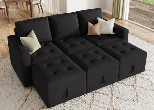Vista 24 de HONBAY Sofá cama modular modular con cama extraíble, sofá en forma de L con asiento de almacenamiento, sofás seccionales para sala de estar, beige