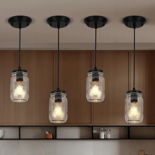 Vista 7 de Luces colgantes de cristal para isla de cocina, 1 luz negra colgante con pantalla de vidrio, lámpara colgante de tarro de masón