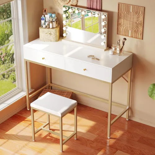 Vista 2 de SUPERJARE Escritorio blanco y dorado de 35.4 pulgadas con 2 cajones, tocador de maquillaje moderno con taburete acolchado, escritorio pequeño