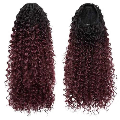 Vista 3 de Extensiones de cabello rizado con cordón para mujeres negras, 16 pulgadas de largo, sintético, afro, esponjoso, en capas, extensión de cola