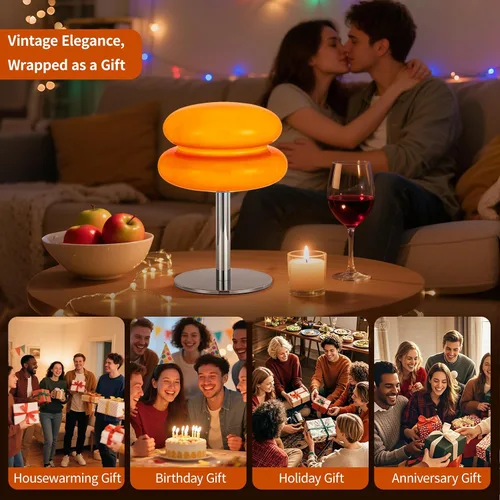Vista 8 de Lámpara vintage de hongos, lámpara de cristal naranja con base de metal, lámpara de mesita de noche regulable para dormitorio, sala de estar