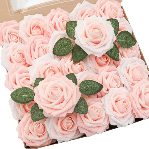 Vista 31 de Floroom Flores artificiales, 25 piezas de rosas falsas de espuma dorada antigua de aspecto real con tallos para ramos de boda DIY, centros de mesa