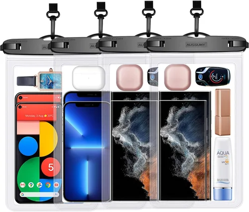 Vista 12 de Paquete de 4 fundas impermeables grandes para teléfono de 10.5" - Soporte transparente para celular bajo el agua - Bolsa seca universal a prueba