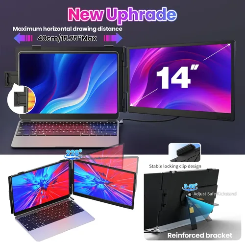 Vista 4 de Extensor de pantalla para portátil de 0.27 pulgadas, ultrafino, monitor portátil dual de 14 pulgadas FHD 1080P IPS, USB-C/HDMI Plug & Play pantalla