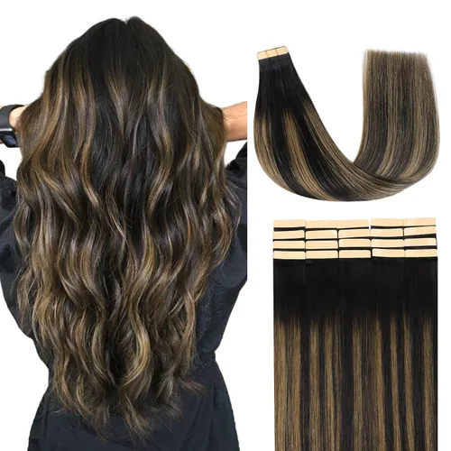 Vista 44 de Extensiones de cabello Lashey de 14 pulgadas; extensiones de cabello humano real lacio color negro azabache con trama adhesiva para mujeres, 20