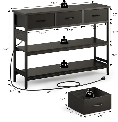 Vista 3 de Lulive Mesa de entrada con tomas de corriente, mesa consola con 3 cajones de tela, mesa de sofá para sala de estar, pasillo, sofá, vestíbulo, altura