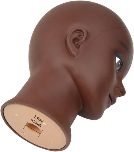 Vista 6 de Cabeza de maniquí calvo profesional de cosmetología para hacer pelucas, exhibir pelucas, anteojos con pasadores en T (marrón y rojo, 18.9 pulgadas)