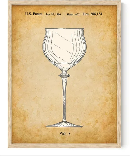 Vista 8 de Vintage Wine Glass Patent Drawing 1986 Stemware Illustration Antique Parchment Artwork Oak Frame Ready Hang for Home Bar Kitchen Dining Room Wine