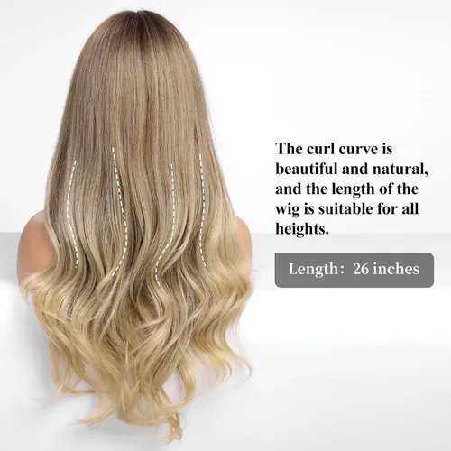 Vista 3 de HAIRCUBE Peluca de color marrón a rubio con flequillo para mujer, peluca de cabello largo ondulado marrón y rubio, pelucas sintéticas rizadas
