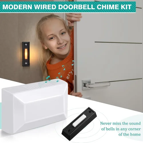 Vista 2 de Saillong Kit de timbre de puerta con cable, 2 botones de timbre iluminados de 16 V 10 VA con dos notas para timbre delantero, puerta trasera y Negro