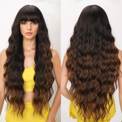 Vista 2 de XIXIBI - Peluca marrón de 30 pulgadas de largo con flequillo, pelucas de color marrón degradado para mujer, peluca sintética rizada y ondulada