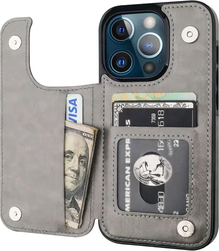 Vista 9 de ONETOP - Funda tipo cartera compatible con iPhone 13 Pro con soporte para tarjetas, funda de piel sintética con ranuras para tarjetas, doble cierre