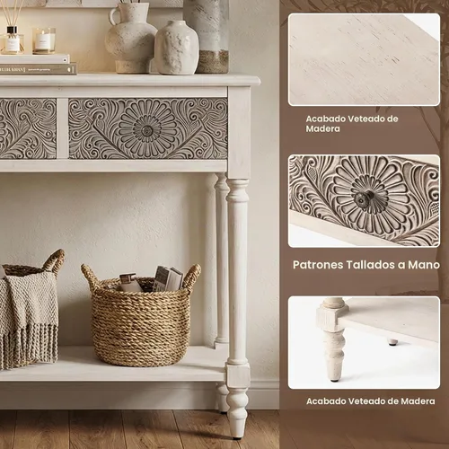 Vista 6 de HOMPUS Mesa consola con 2 cajones y 1 estante, mesa de entrada rectangular estrecha, mesa de sofá decorativa antigua y contemporánea para sala