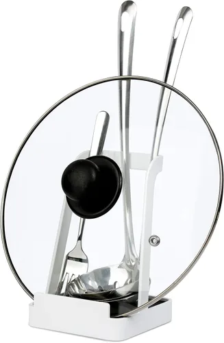 Vista 11 de NiHome Soporte para tapa de olla grande y soporte para cuchara con bandeja de goteo extraíble, organizador de encimera de cocina de hierro negro