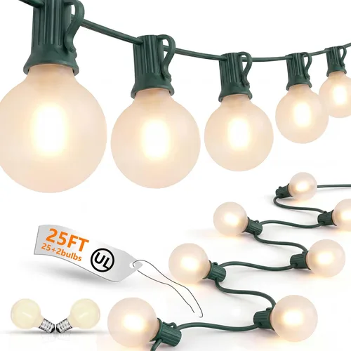 Vista 8 de Guirnalda de luces LED para exteriores, G40, de 25 pies, impermeable, con 27 bombillas inastillables, luces colgantes de decoración de Navidad al
