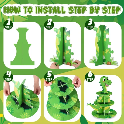 Vista 3 de Censen Soporte para cupcakes de dinosaurio de 3 niveles, decoración de fiesta con temática de dinosaurio, decoración de torre de postre