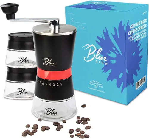 Vista 8 de Blue Brew Molinillo de café manual, molinillo de café manual con rebabas de cerámica y 15 grosores ajustables, 2 tarros de vidrio herméticos