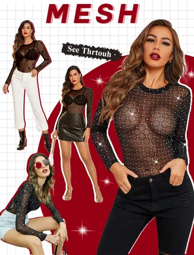 Vista 5 de Avidlove Body de malla para mujer color negro de manga larga cuello redondo leotardos transparentes body sexy con broche en la entrepierna
