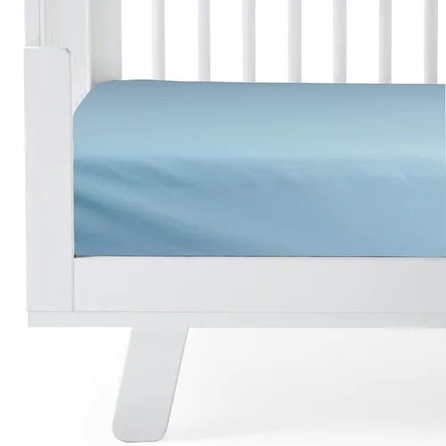Vista 2 de Sábana bajera ajustable para cuna de popelín de algodón estándar para cuna, funda de colchón de 28 x 52 pulgadas, color azul sólido, sábana