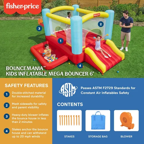 Vista 4 de Fisher-Price Bouncemania - Casa hinchable inflable con 50 pelotas de juego, multicolor