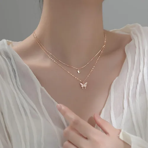 Vista 5 de SLUYNZ Gargantilla de plata de ley 925 con circonita cúbica para mujer, collar con capas de mariposa
