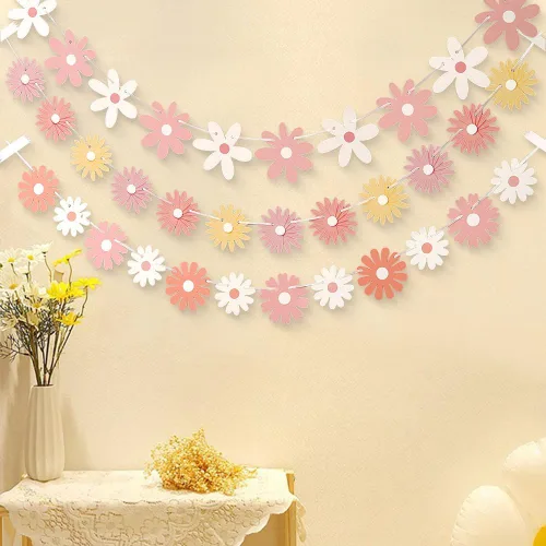 Vista 5 de Paquete de 3 pancartas de margaritas rosadas, decoraciones únicas de margaritas florales, guirnalda de margaritas florales, decoración de papel