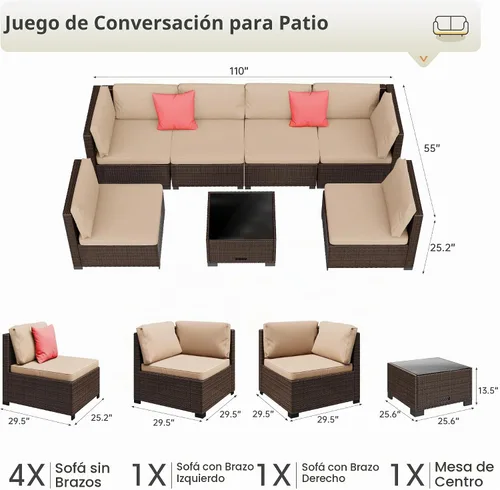 Vista 2 de LHBcraft Juego de muebles de patio al aire libre, 7 piezas seccionales Avena marrón
