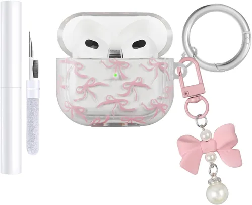 Vista 13 de Funda compatible con AirPods 3 2021, TPU suave con bonito patrón de flores para AirPods de 3ª generación con llavero de flores y mosquetón para Negro