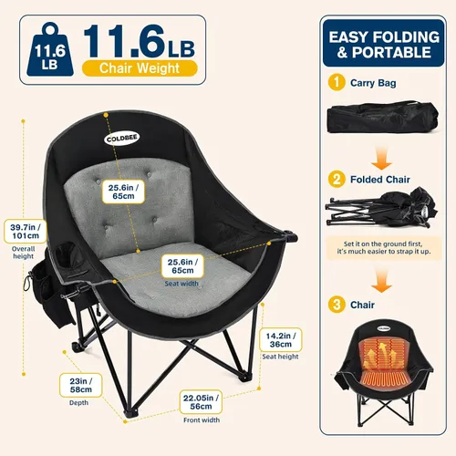 Vista 2 de Silla de camping térmica de gran tamaño, acolchado resistente Negro azabache