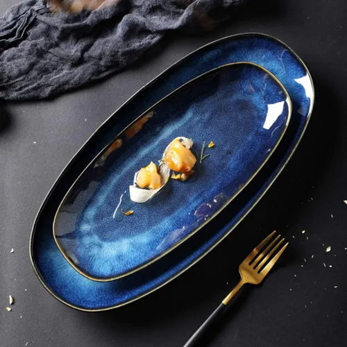 Vista 3 de Cabilock Bandeja de pescado Placa de sushi de cerámica Blue Black Snack Serving Plate para fiesta de boda
