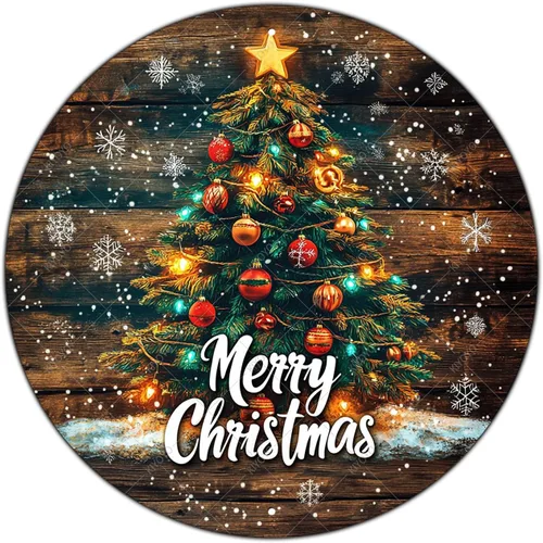 Vista 8 de Letrero redondo de metal rústico para decoración de pared, placa de decoración de pared con texto en inglés "Merry Christmas" azul y plateado