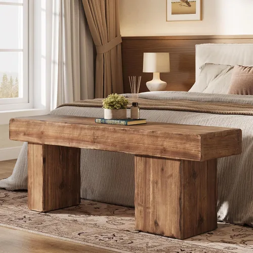 Vista 10 de Banco de Madera Maciza Engrosada, Banco de Entrada Rústico Estilo Granja de 47", con Patas Artísticas, Banco de Comedor de Servicio Pesado