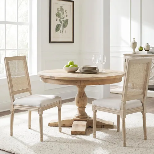 Vista 47 de Kmax Sillas de comedor estilo granja, patas de madera marrón, elegantes sillas de cocina copetudas, sillas de dormitorio francesas desgastadas